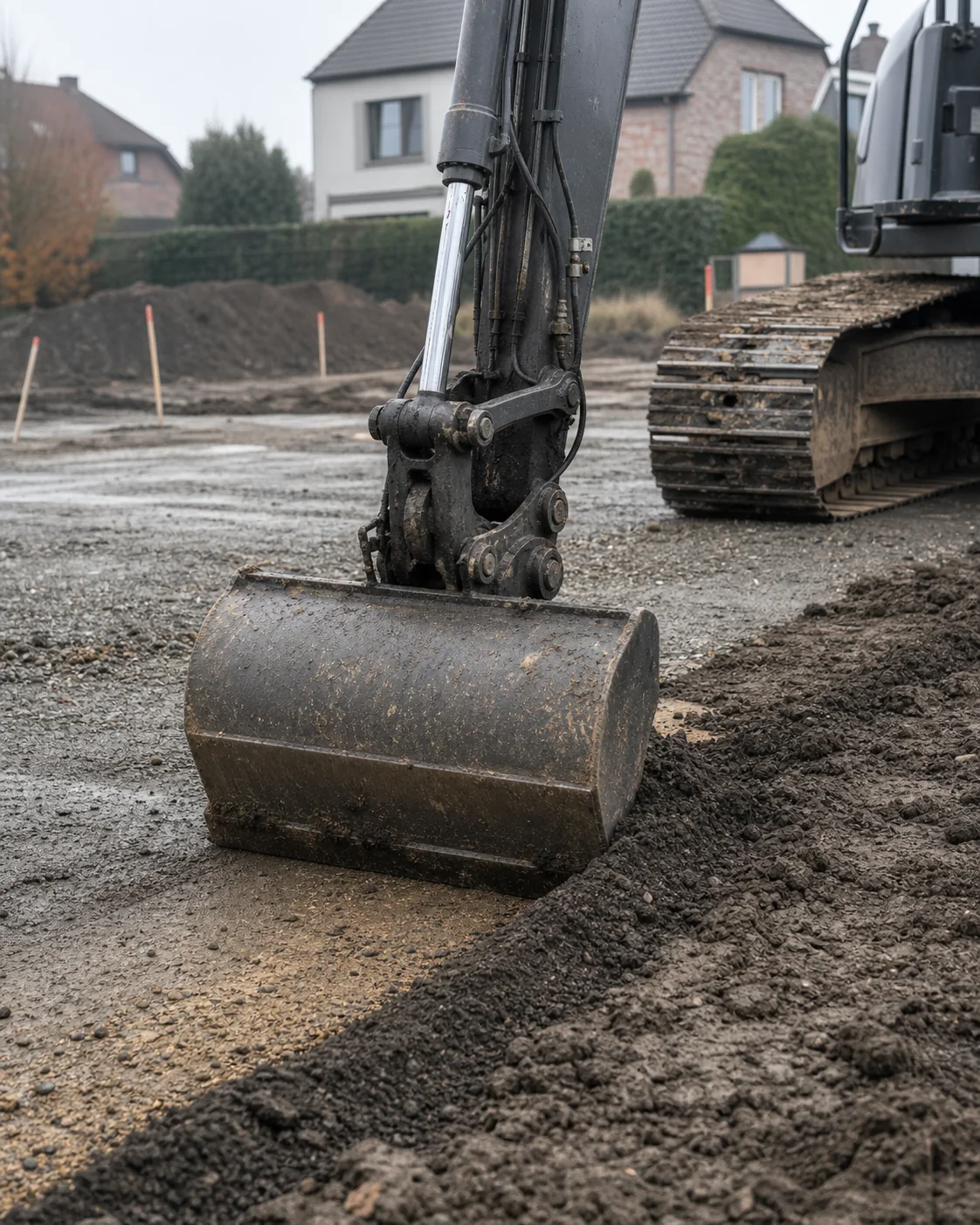 Demobeeld van een graafbak die een terrein nivelleert
