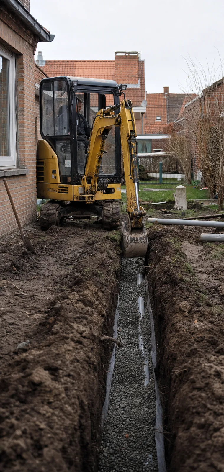 Demobeeld van graafwerk naast een woning
