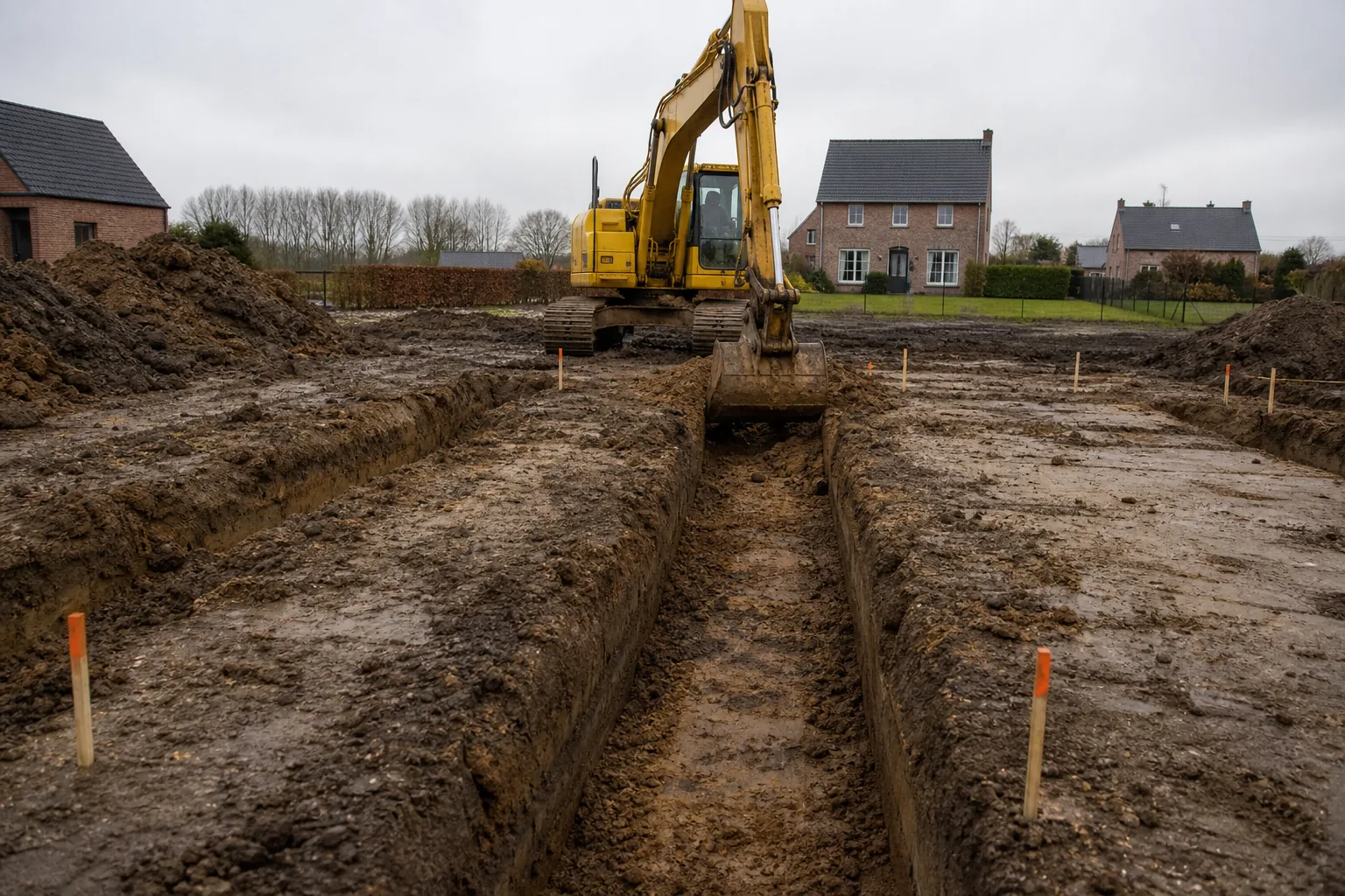 Bouwterrein tijdens het graven van funderingssleuven