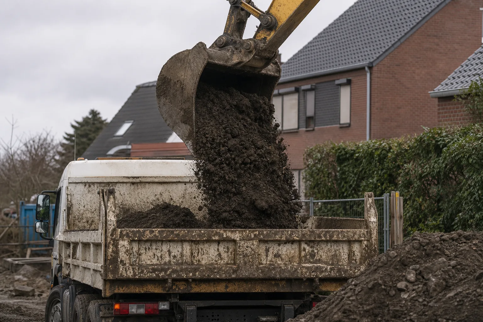 Demobeeld van grond die in een kipper wordt geladen